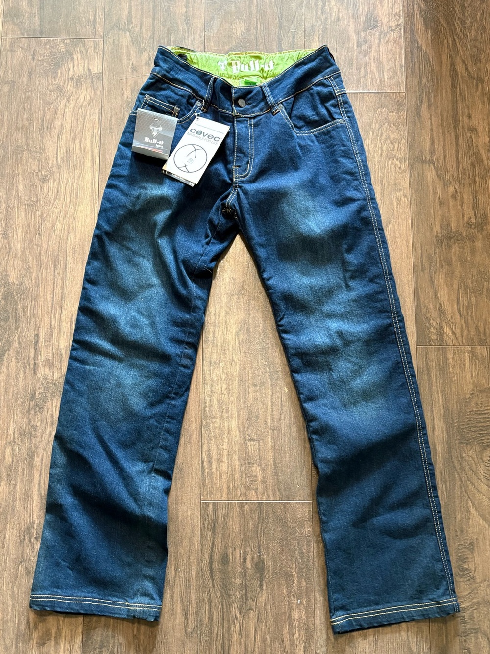 NWT Bull It Dark Blue Straight-Leg Motorcycle Jeans with Lime Protective Lining